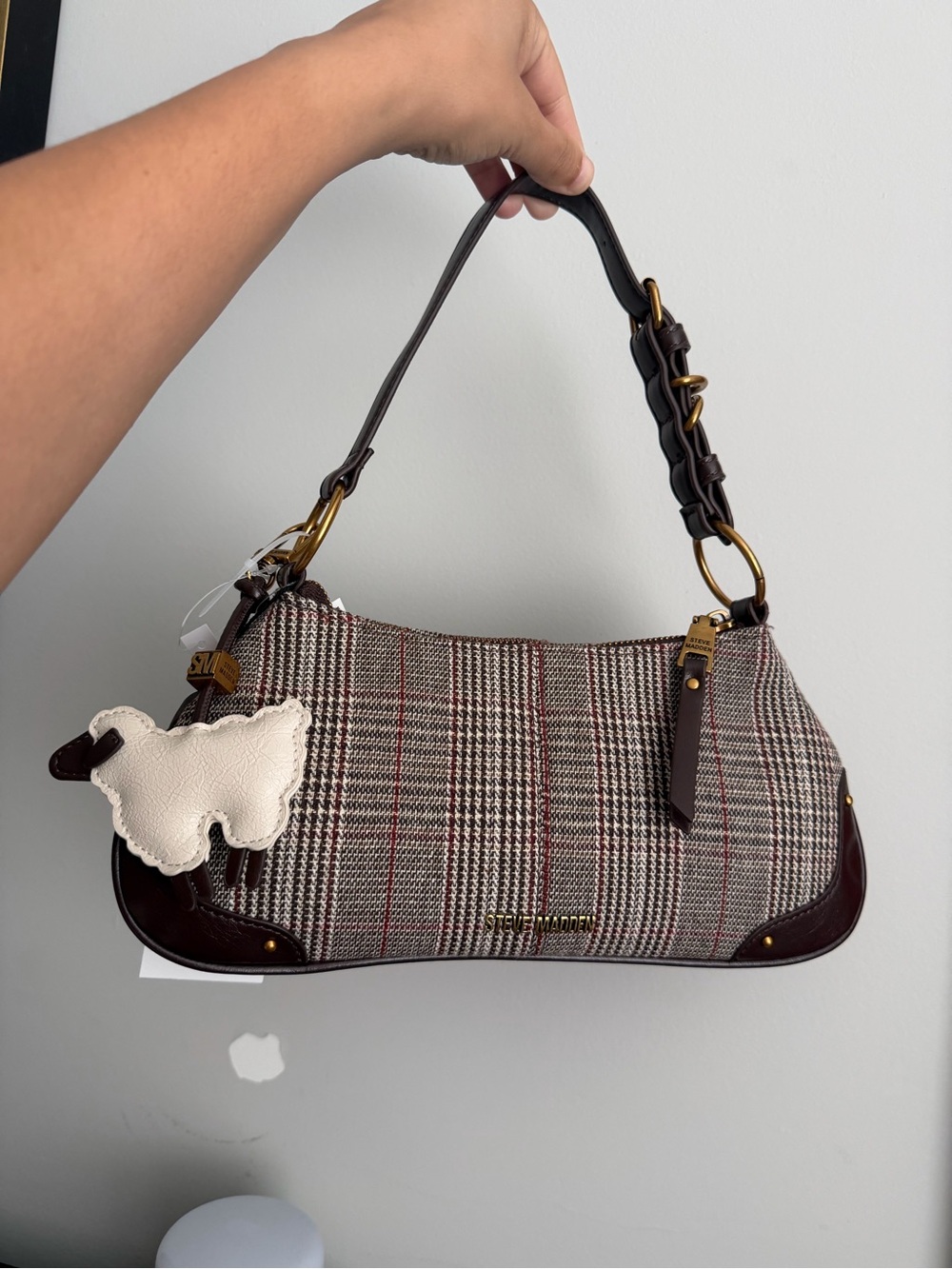 Steve Madden Brown Plaid Shoulder Bag with Dark Brown Trim